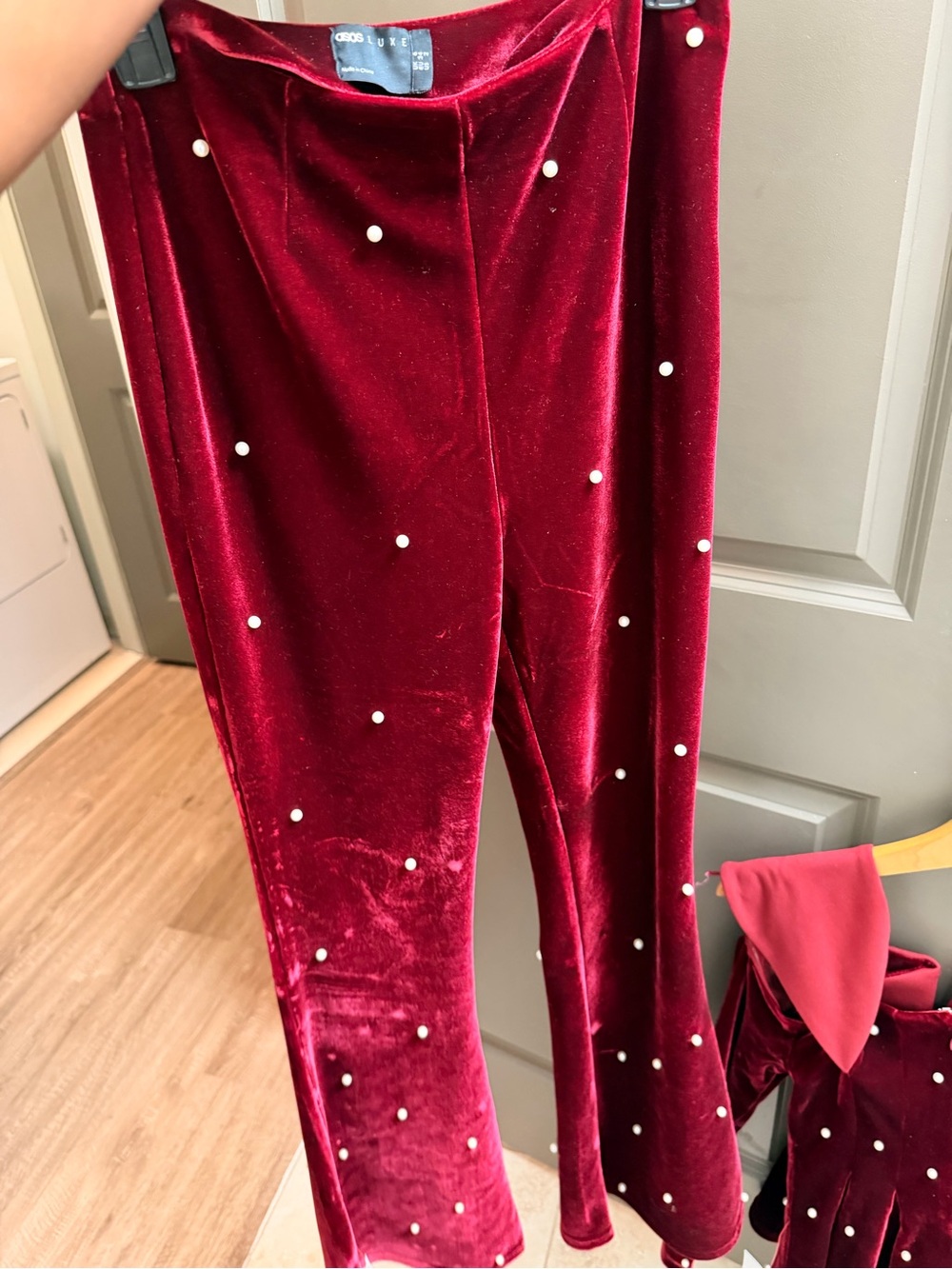ASOS LUXE velvet pants with pearl embellishment in Berry